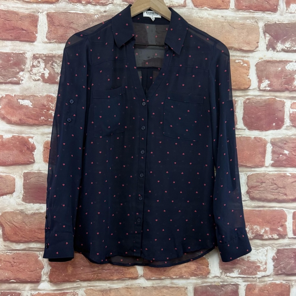 Express Portofino Shirt Women's Small Blue Pink Hearts Button Front Sheer Top - Picture 2 of 8